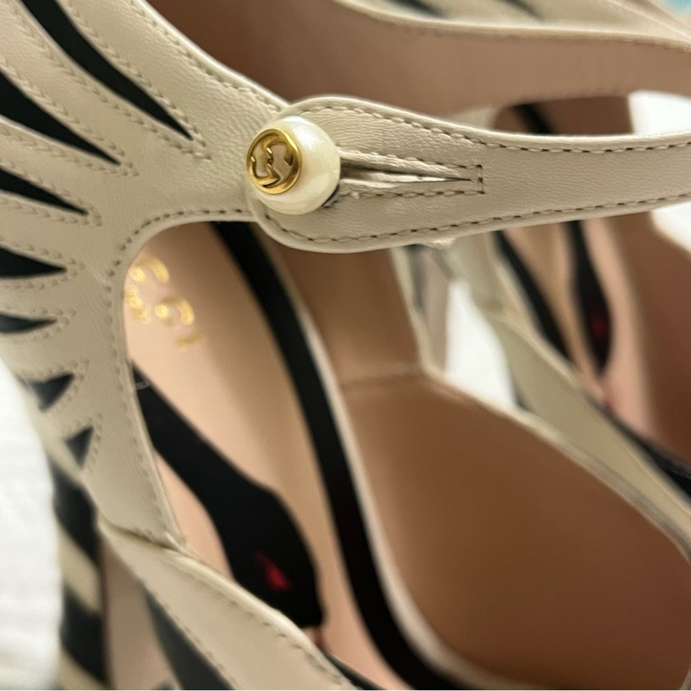 GUCCI Lesley Malaga Pump Heel Zebra Black White Leather Mary Jane Size 37 - Picture 6 of 11